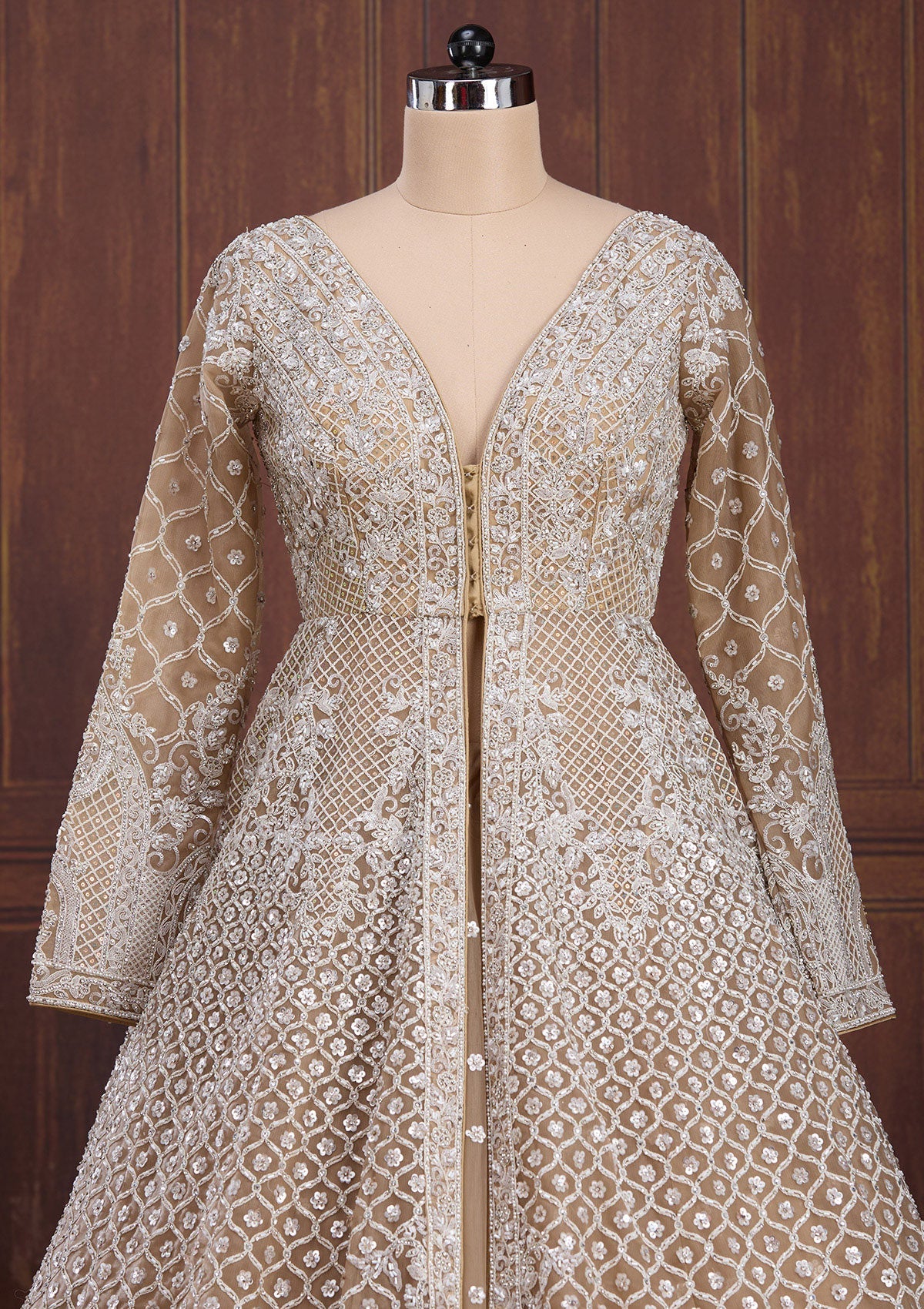 Beige Silver Zariwork Net Readymade Lehenga-Koskii