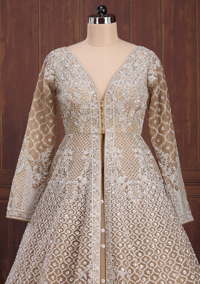 Beige Silver Zariwork Net Readymade Lehenga-Koskii