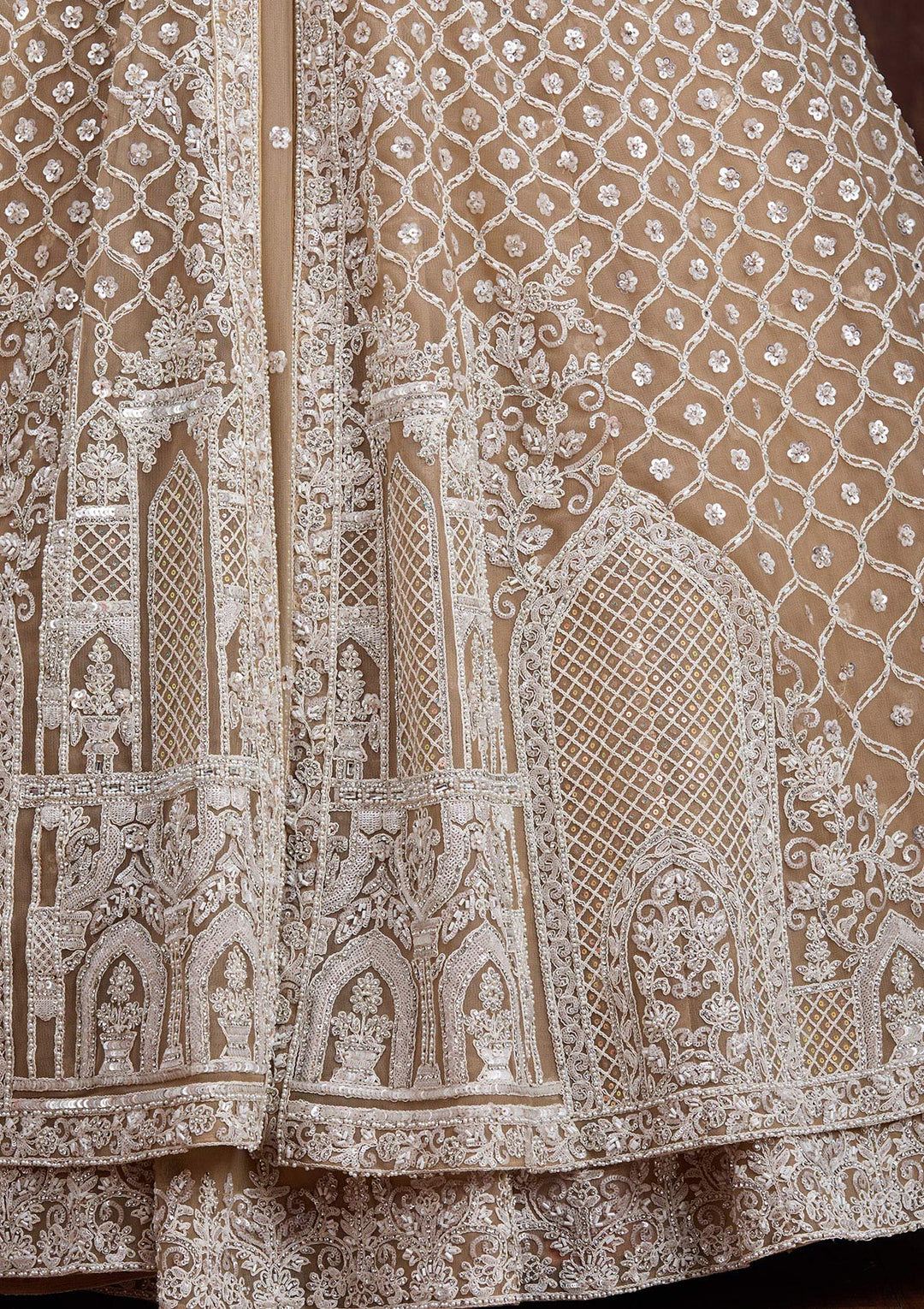 Beige Silver Zariwork Net Readymade Lehenga-Koskii