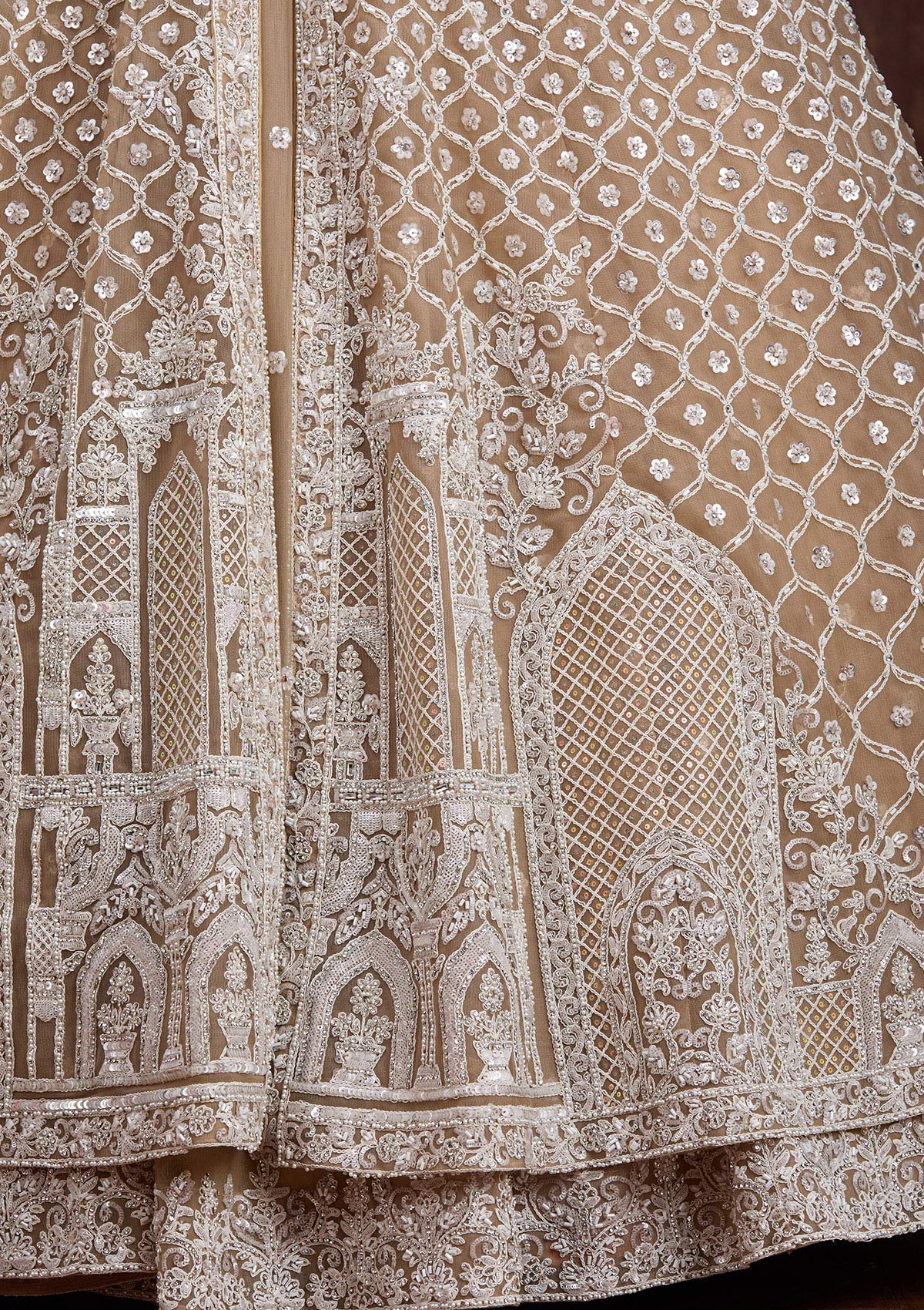 Beige Silver Zariwork Net Readymade Lehenga-Koskii