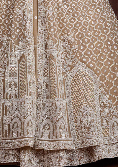 Beige Silver Zariwork Net Readymade Lehenga-Koskii