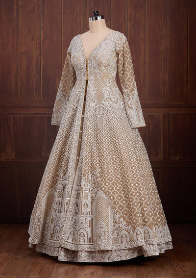 Beige Silver Zariwork Net Readymade Lehenga-Koskii