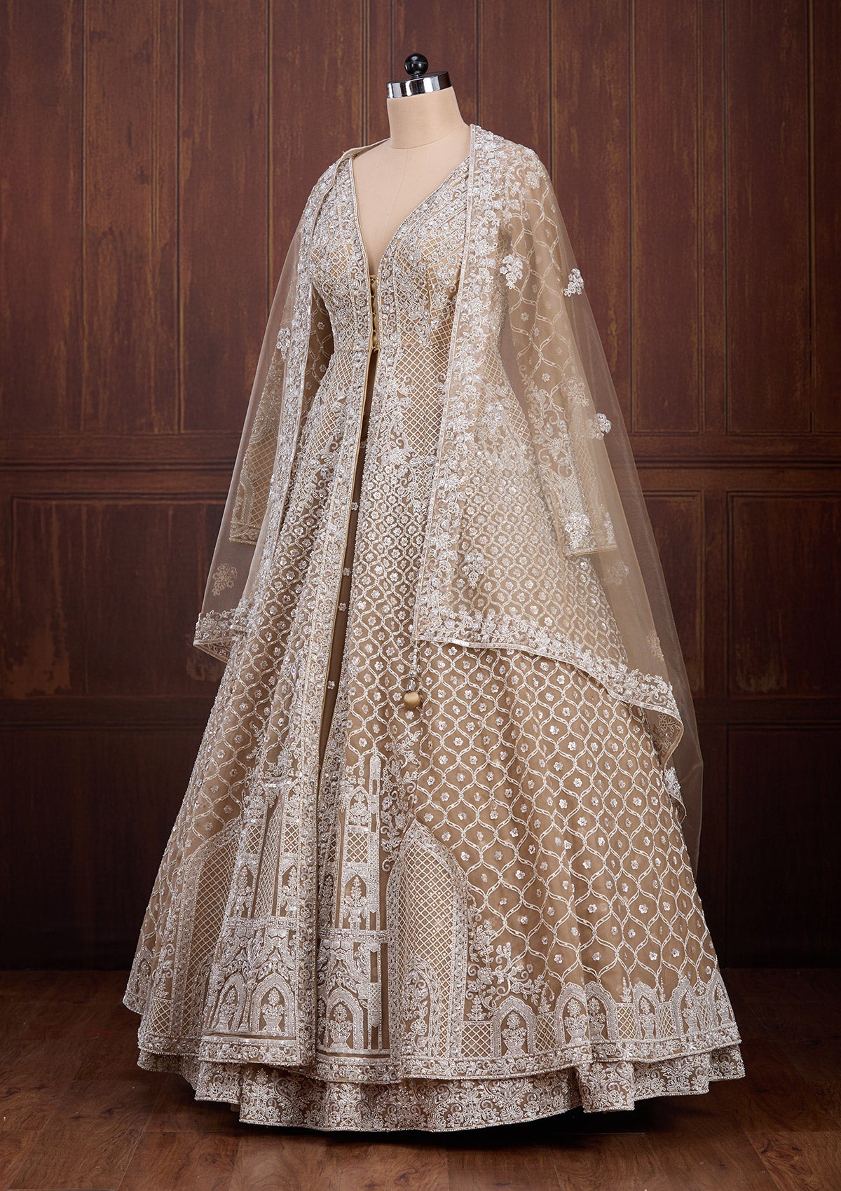Beige Silver Zariwork Net Readymade Lehenga-Koskii