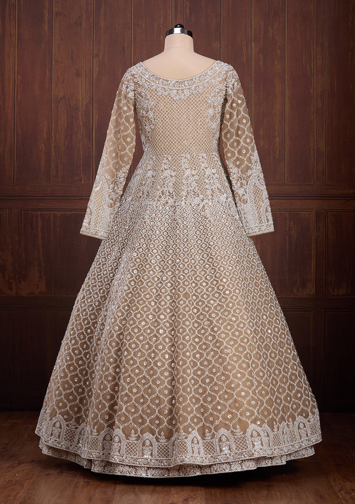 Beige Silver Zariwork Net Readymade Lehenga-Koskii