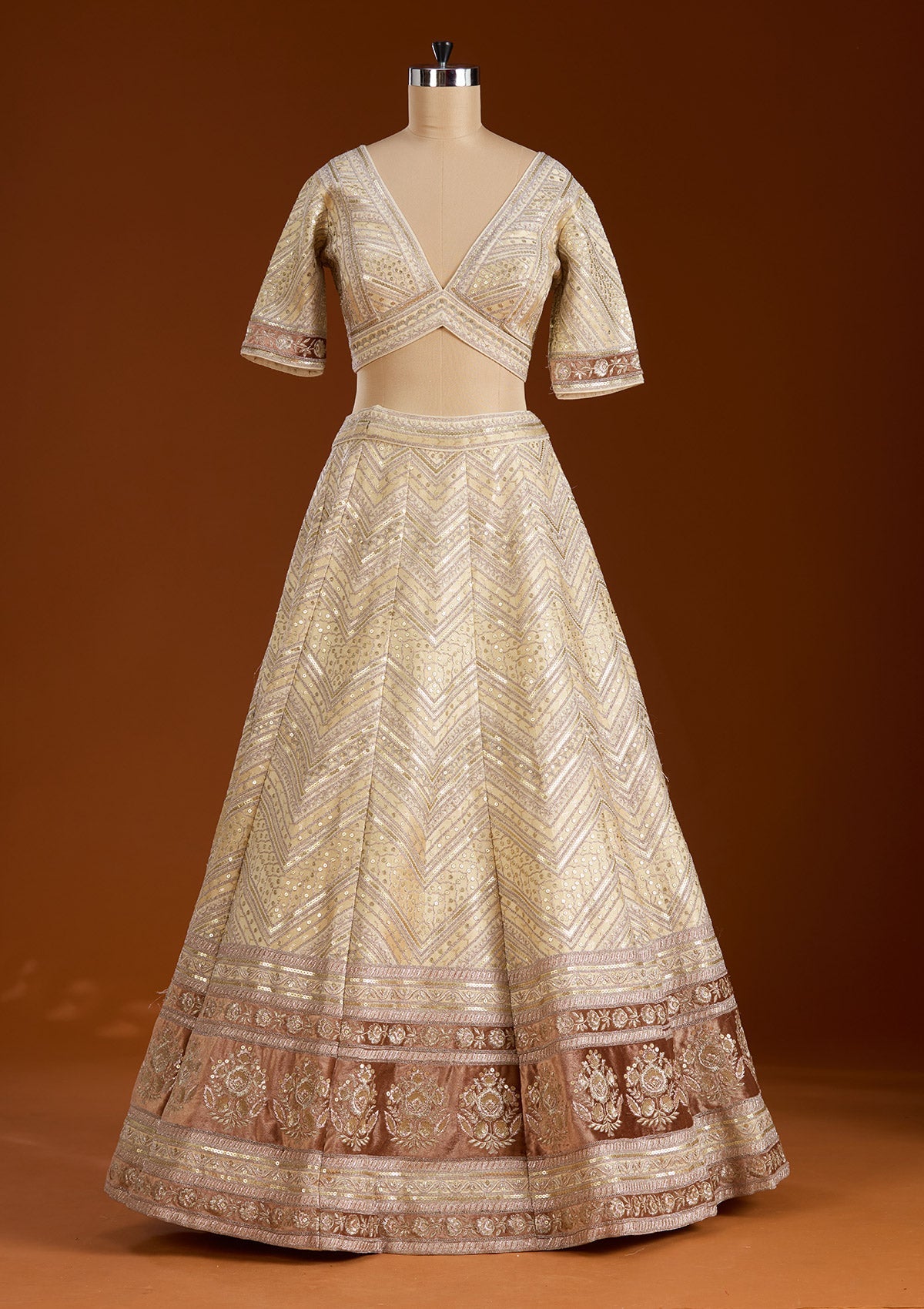Beige Zariwork Net Readymade Lehenga-koskii