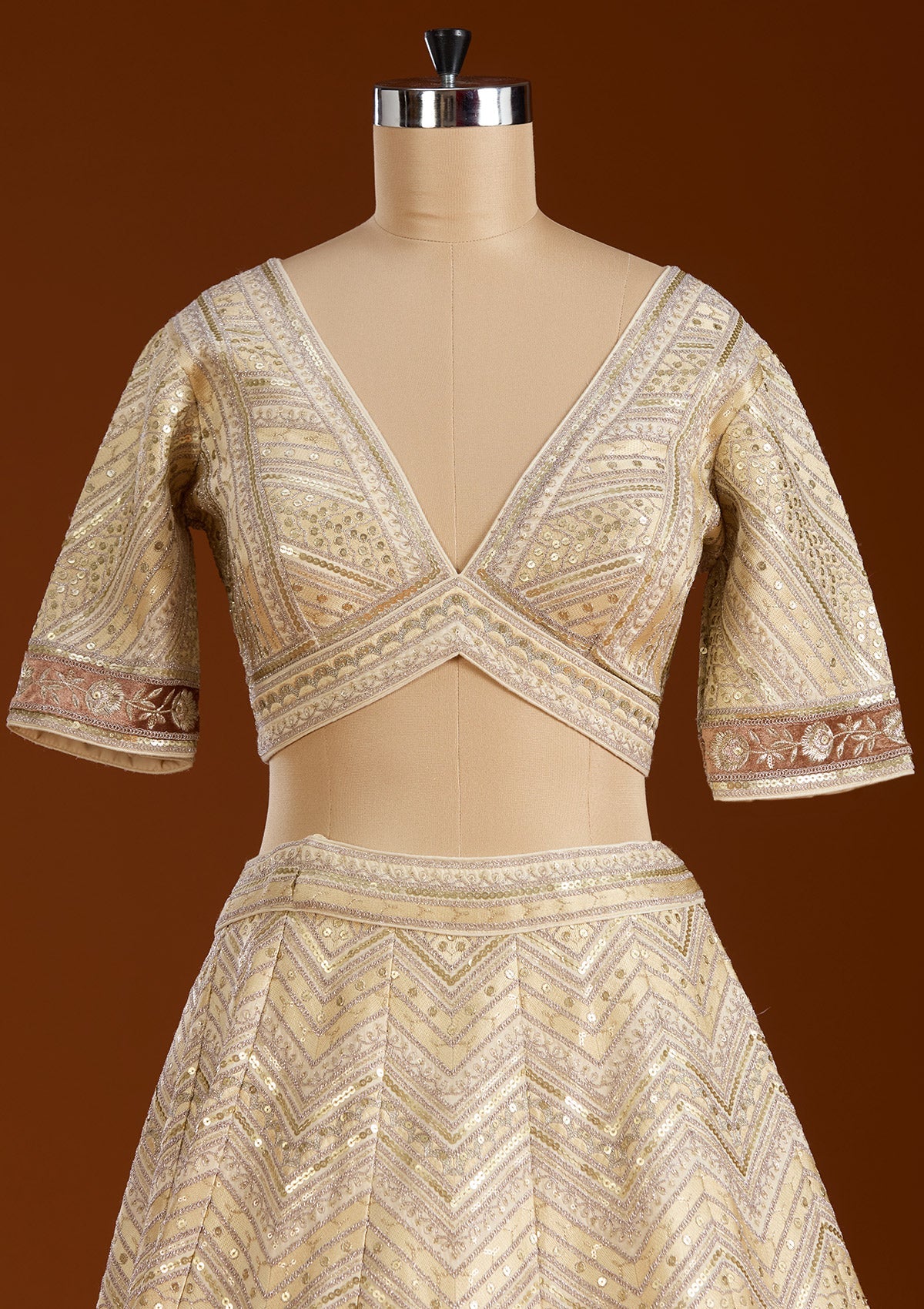 Beige Zariwork Net Readymade Lehenga-koskii