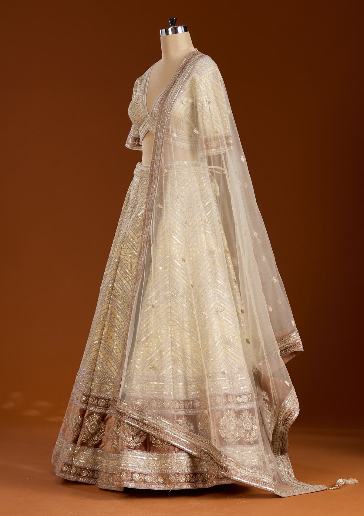 Beige Zariwork Net Readymade Lehenga-koskii