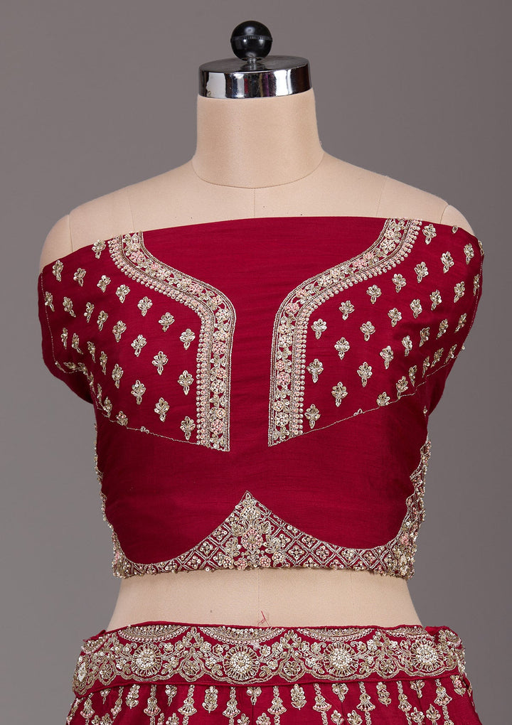 Maroon Zardosi Raw Silk Readymade Lehenga-Koskii