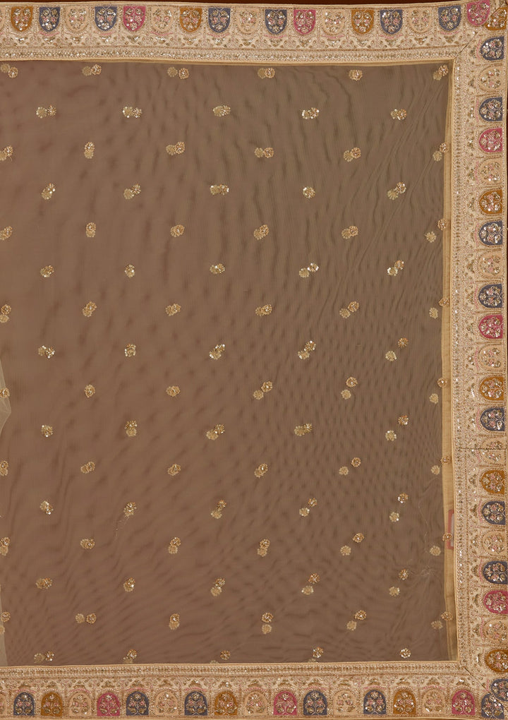 Cream Zardosi Raw Silk Semi-Stitched Lehenga-koskii