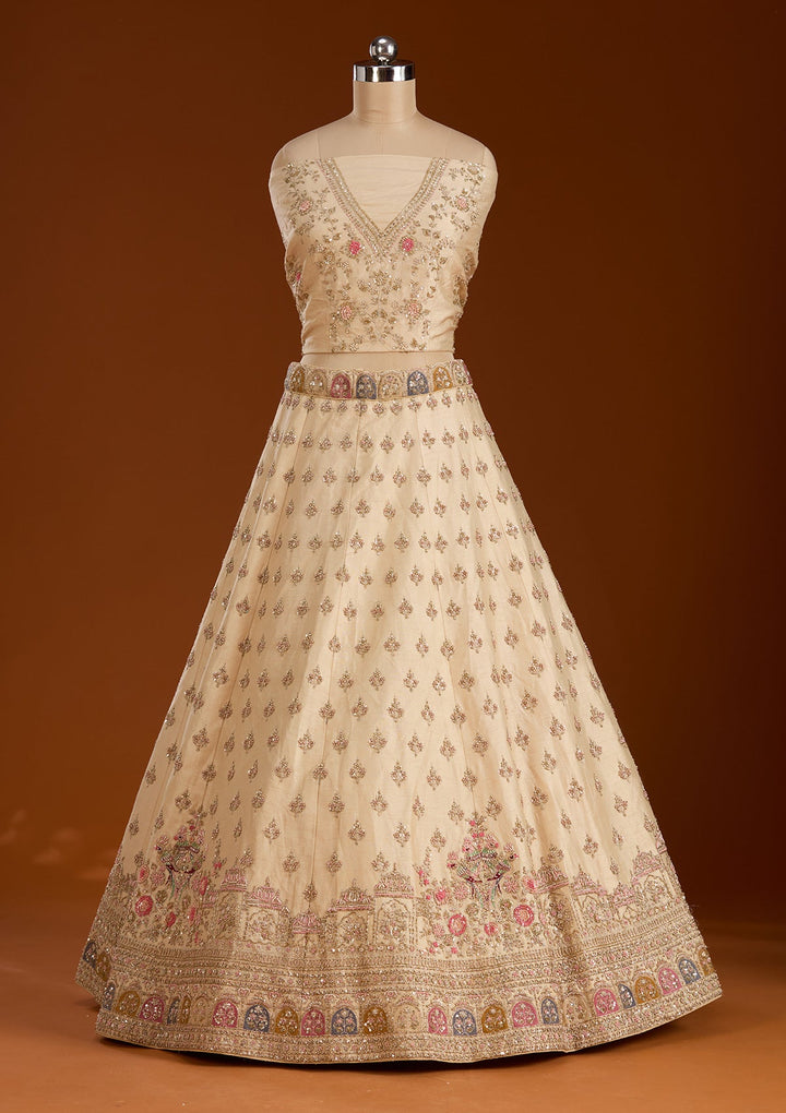 Cream Zardosi Raw Silk Semi-Stitched Lehenga-koskii