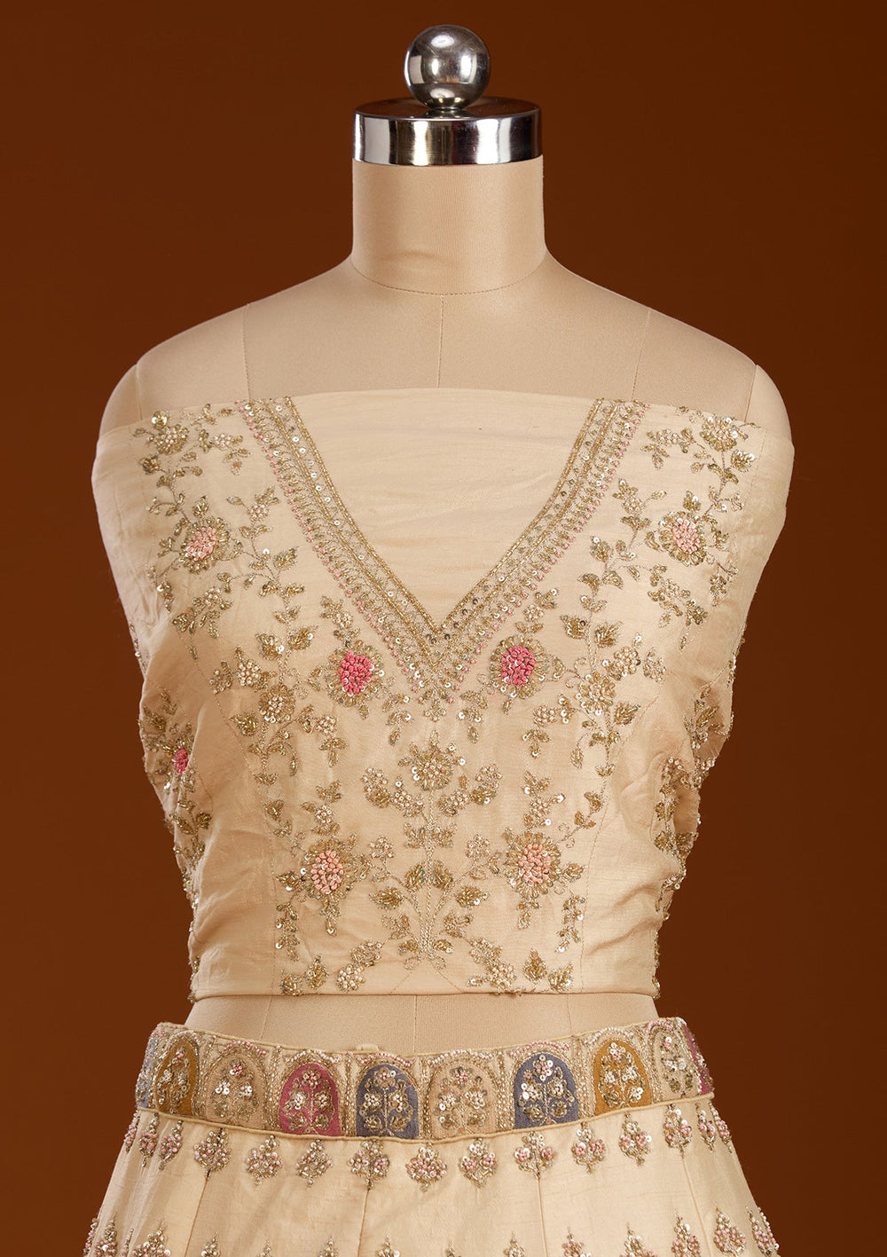 Cream Zardosi Raw Silk Semi-Stitched Lehenga-koskii