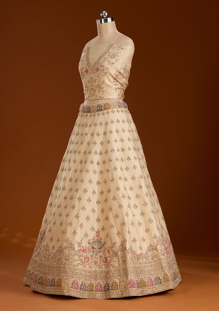 Cream Zardosi Raw Silk Semi-Stitched Lehenga-koskii