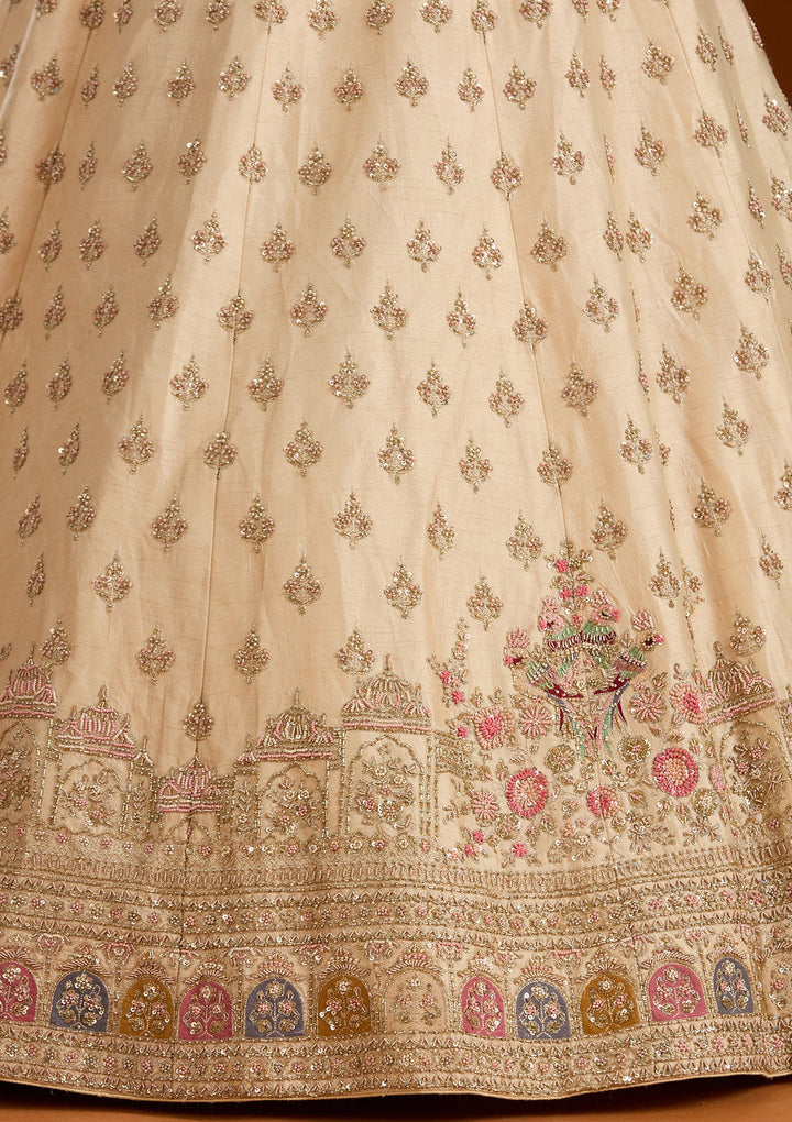 Cream Zardosi Raw Silk Semi-Stitched Lehenga-koskii