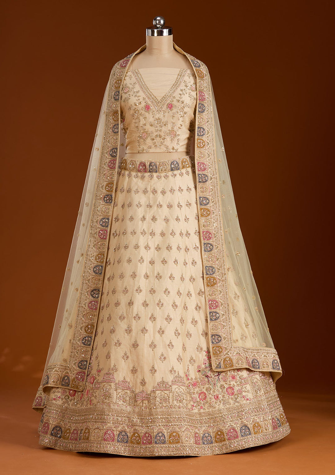 Cream Zardosi Raw Silk Semi-Stitched Lehenga-koskii