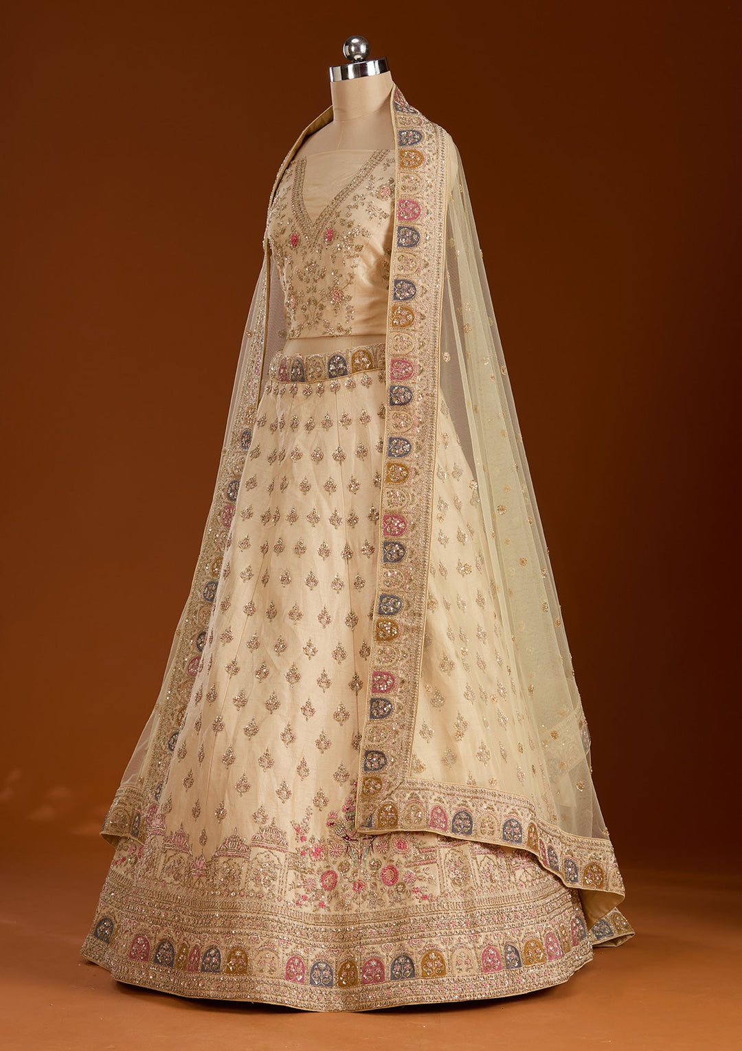 Cream Zardosi Raw Silk Semi-Stitched Lehenga-koskii