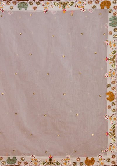 Cream Threadwork Raw Silk Readymade Lehenga-koskii