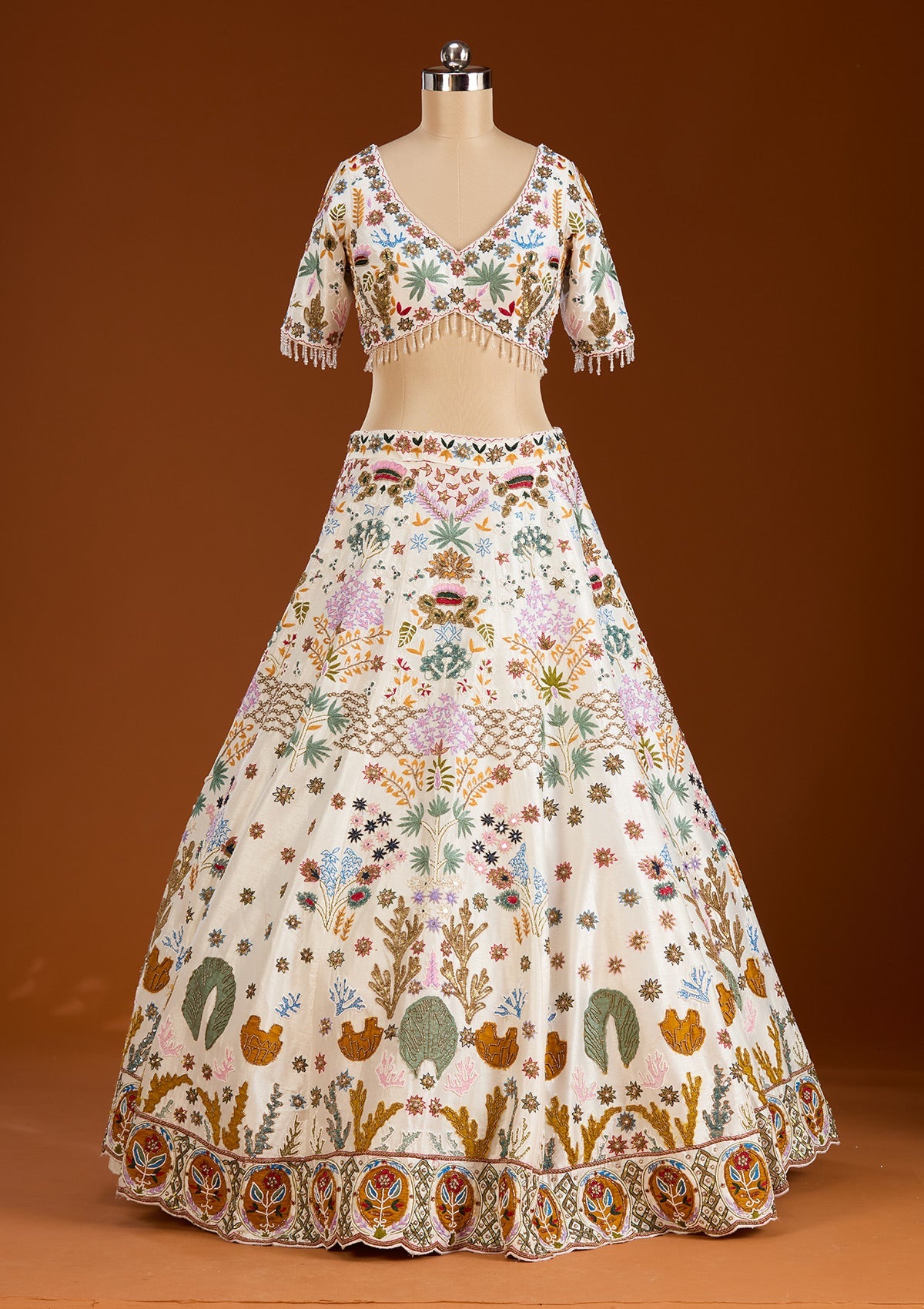 Cream Threadwork Raw Silk Readymade Lehenga-koskii