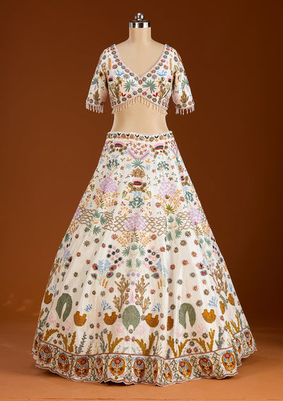 Cream Threadwork Raw Silk Readymade Lehenga-koskii