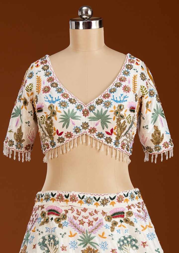 Cream Threadwork Raw Silk Readymade Lehenga-koskii