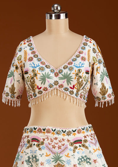 Cream Threadwork Raw Silk Readymade Lehenga-koskii