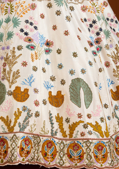 Cream Threadwork Raw Silk Readymade Lehenga-koskii