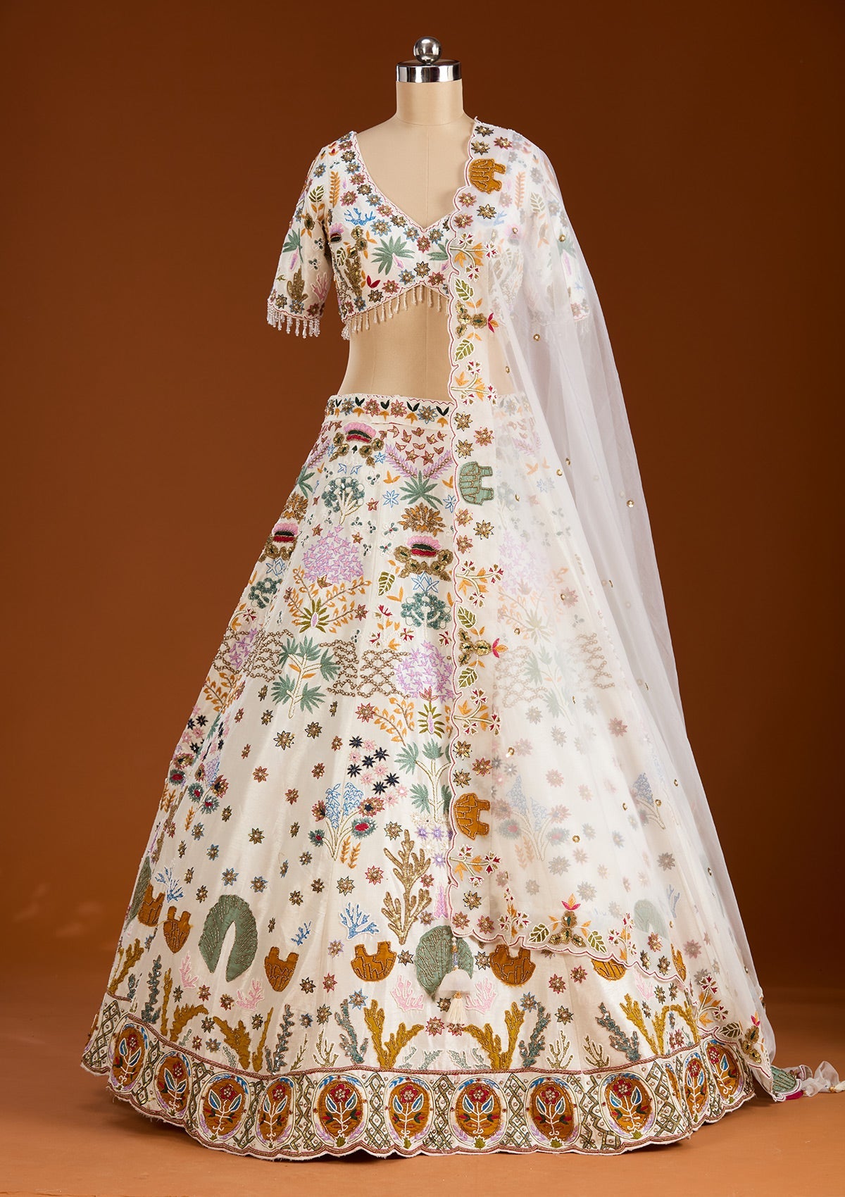 Cream Threadwork Raw Silk Readymade Lehenga-koskii