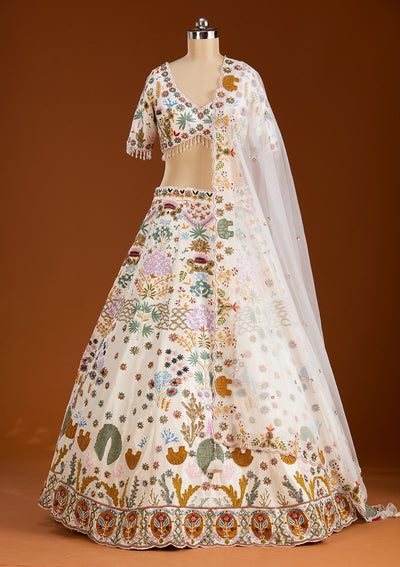 Cream Threadwork Raw Silk Readymade Lehenga-koskii