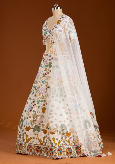 Cream Threadwork Raw Silk Readymade Lehenga-koskii