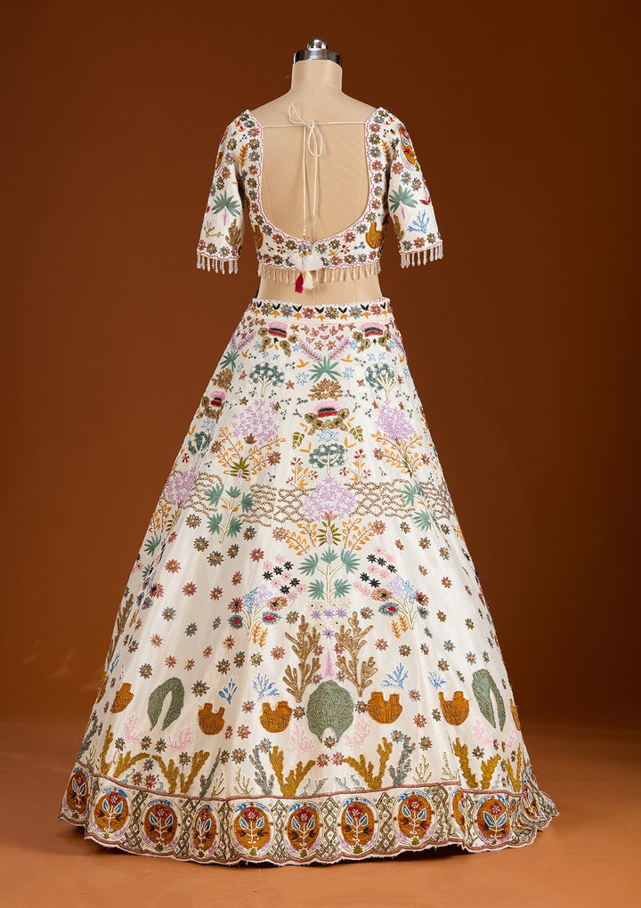 Cream Threadwork Raw Silk Readymade Lehenga-koskii