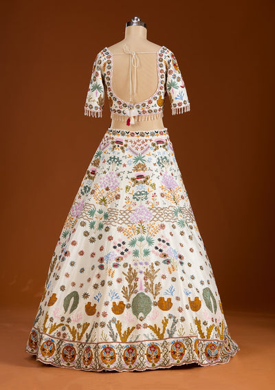 Cream Threadwork Raw Silk Readymade Lehenga-koskii