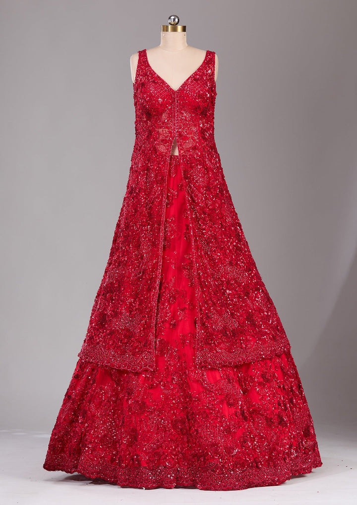 Red Sequins Net Readymade Lehenga-Koskii