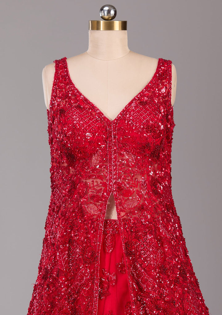 Red Sequins Net Readymade Lehenga-Koskii