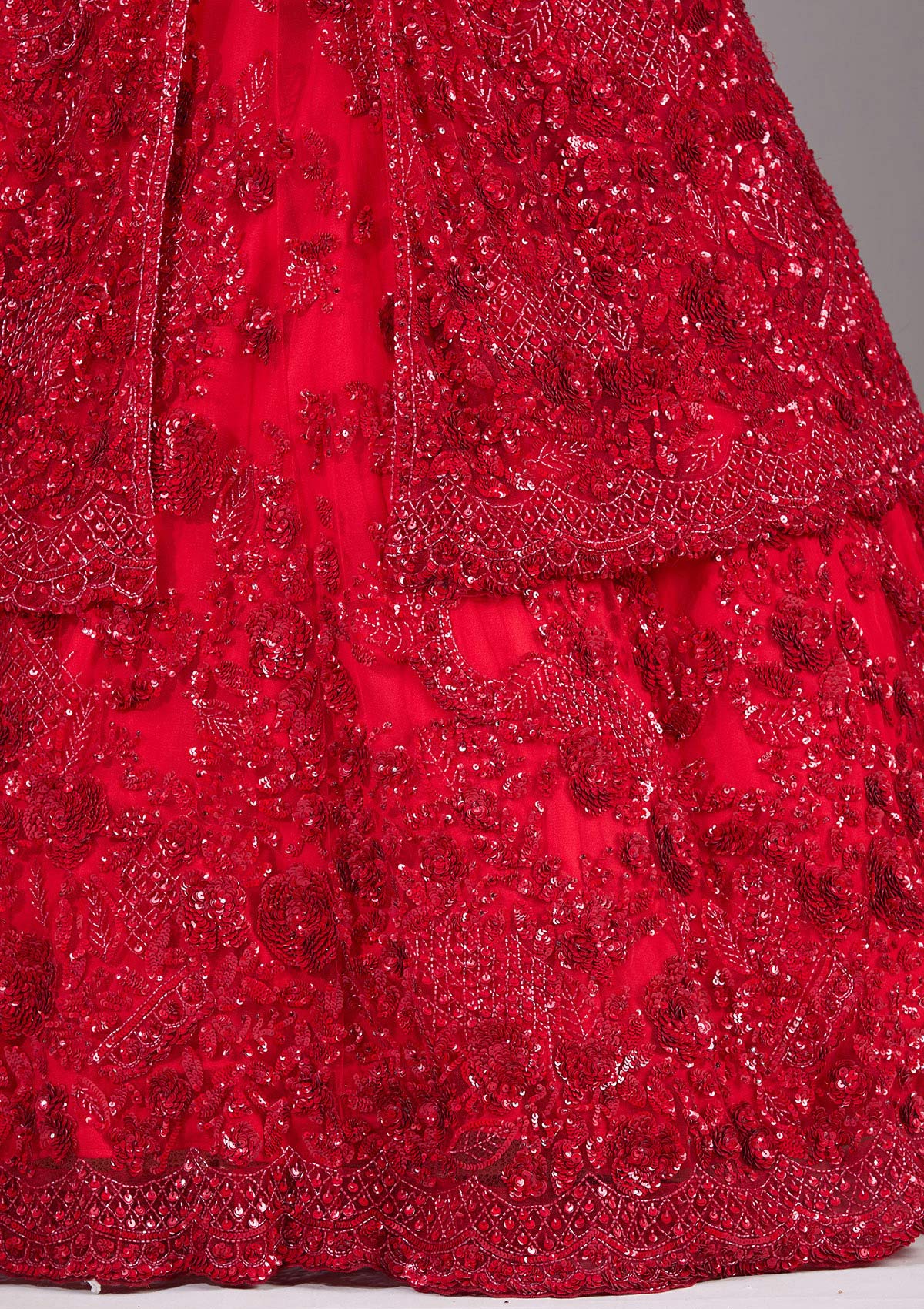 Red Sequins Net Readymade Lehenga-Koskii