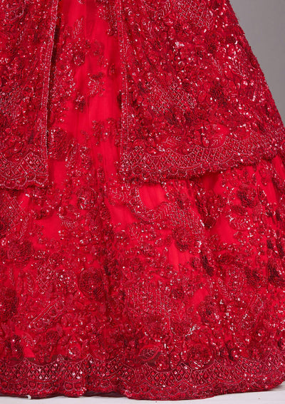 Red Sequins Net Readymade Lehenga-Koskii