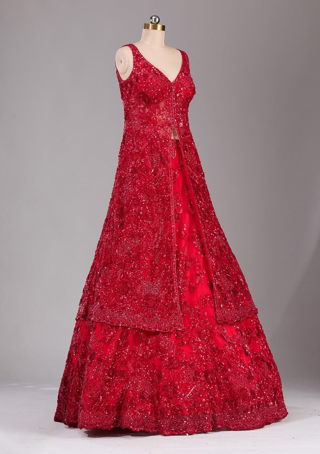 Red Sequins Net Readymade Lehenga-Koskii