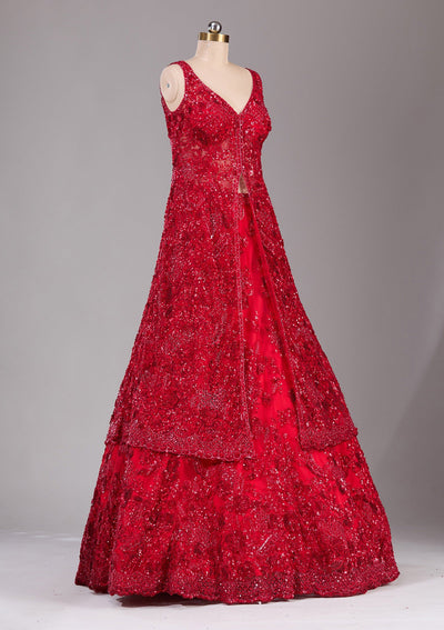 Red Sequins Net Readymade Lehenga-Koskii