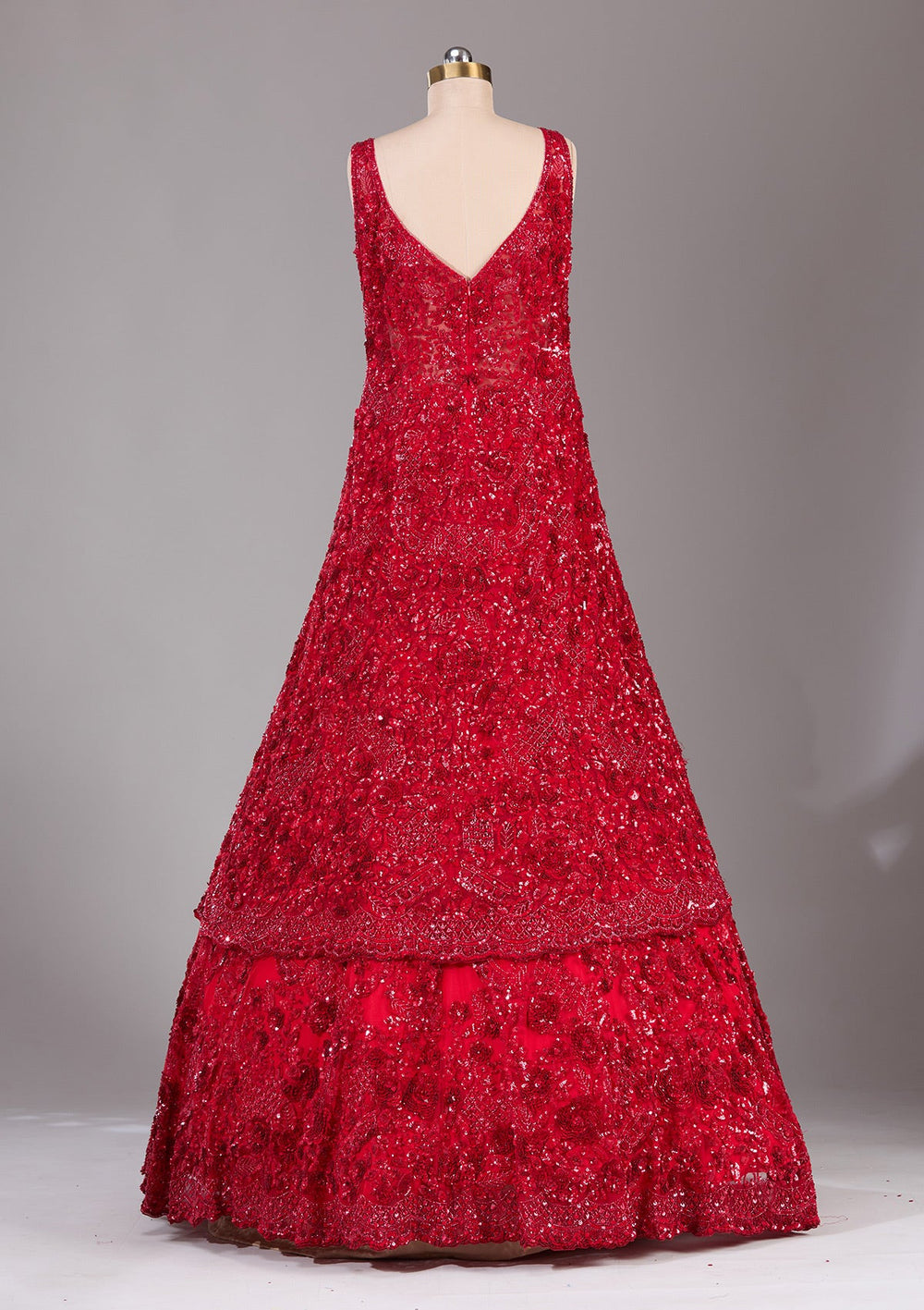 Red Sequins Net Readymade Lehenga-Koskii