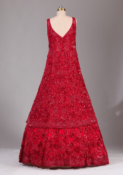 Red Sequins Net Readymade Lehenga-Koskii