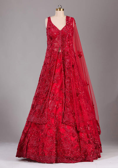 Red Sequins Net Readymade Lehenga-Koskii