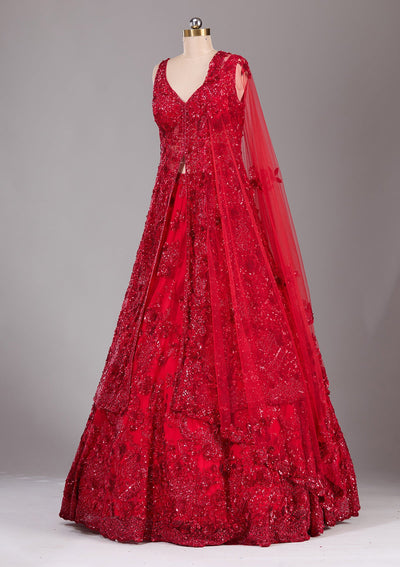 Red Sequins Net Readymade Lehenga-Koskii