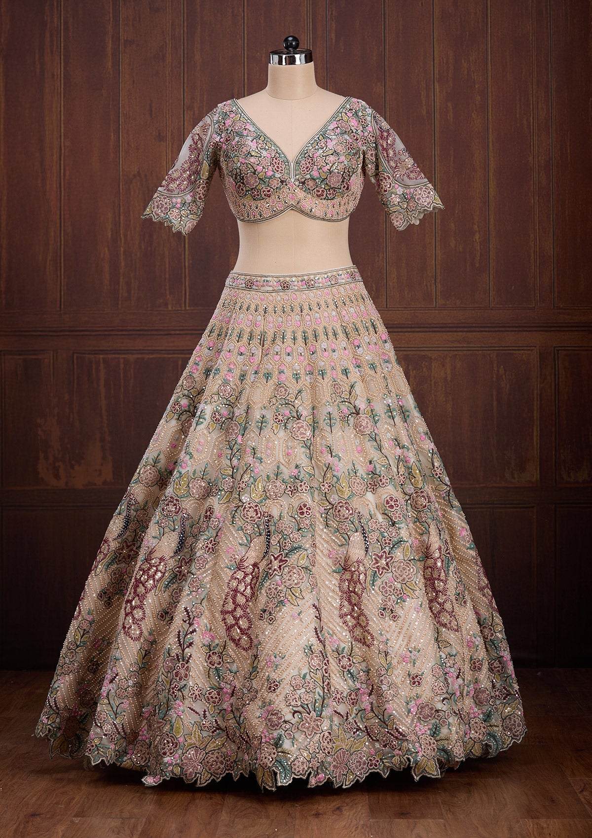 Beige Zariwork (Gold) Net Readymade Lehenga-Koskii