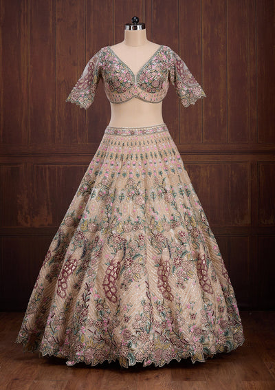 Beige Zariwork (Gold) Net Readymade Lehenga-Koskii