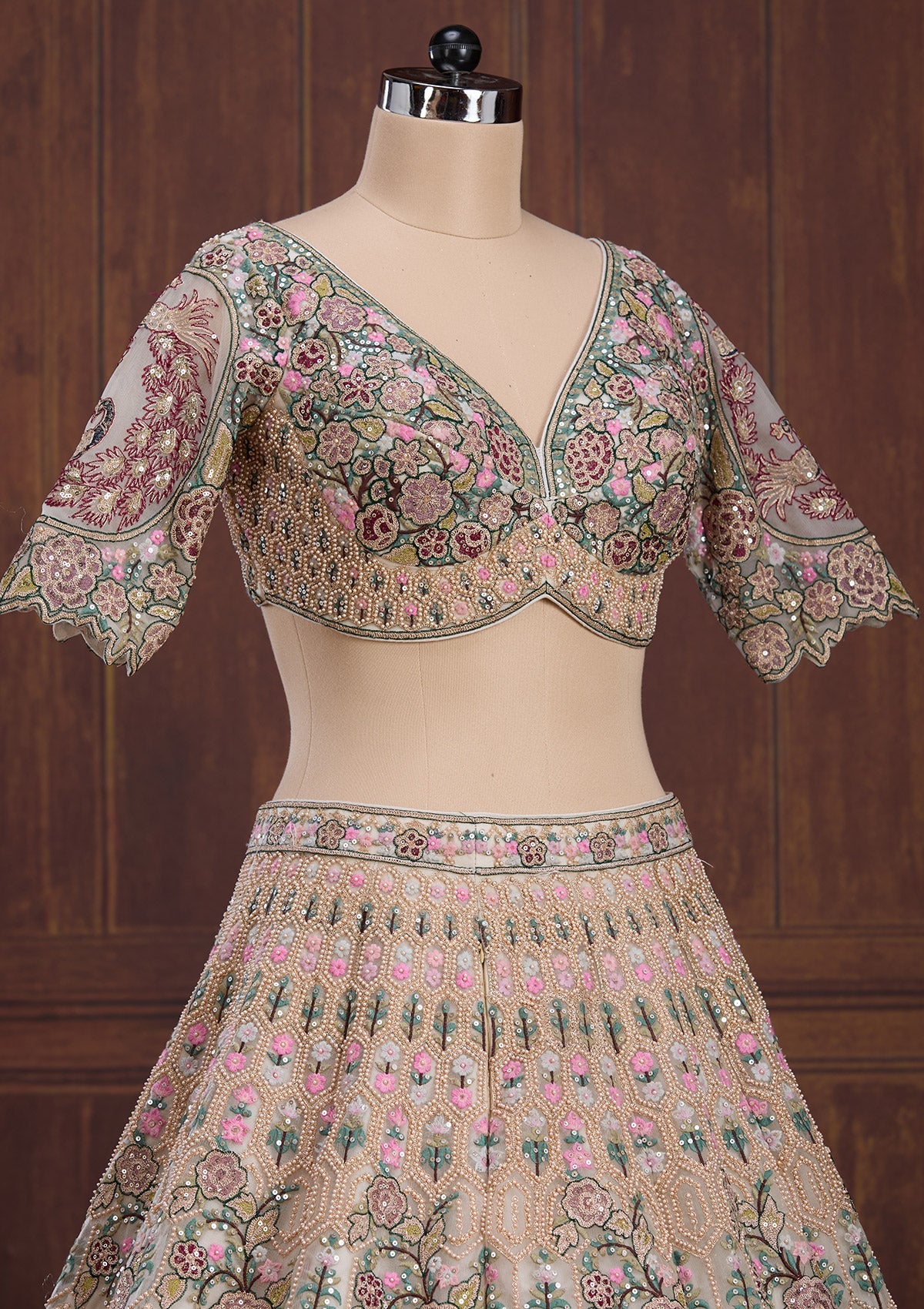 Beige Zariwork (Gold) Net Readymade Lehenga-Koskii