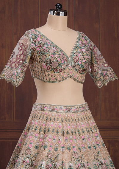 Beige Zariwork (Gold) Net Readymade Lehenga-Koskii