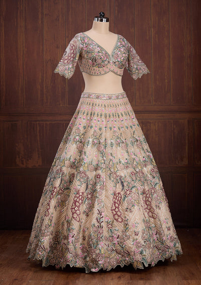 Beige Zariwork (Gold) Net Readymade Lehenga-Koskii