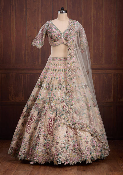 Beige Zariwork (Gold) Net Readymade Lehenga-Koskii