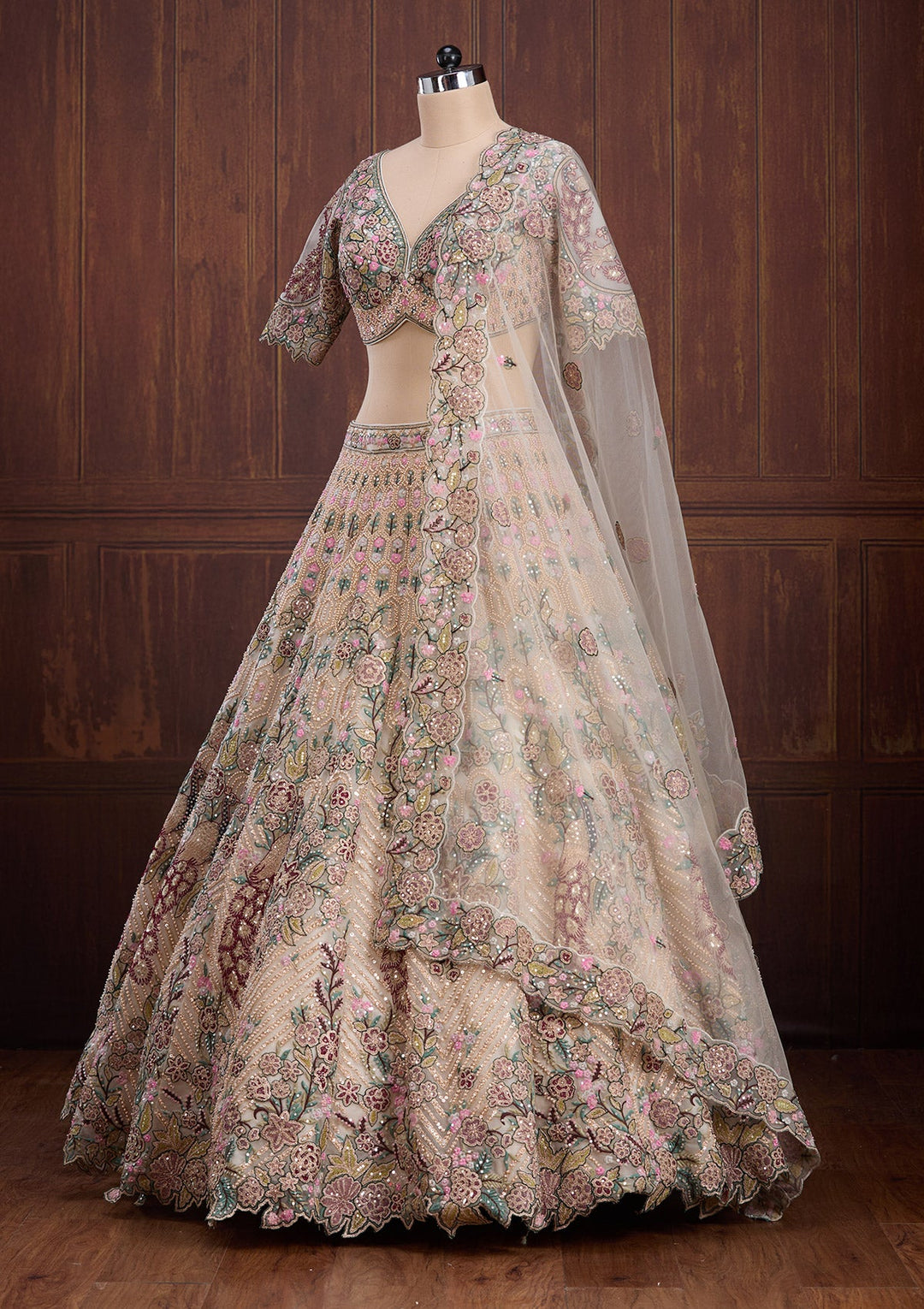 Beige Zariwork (Gold) Net Readymade Lehenga-Koskii