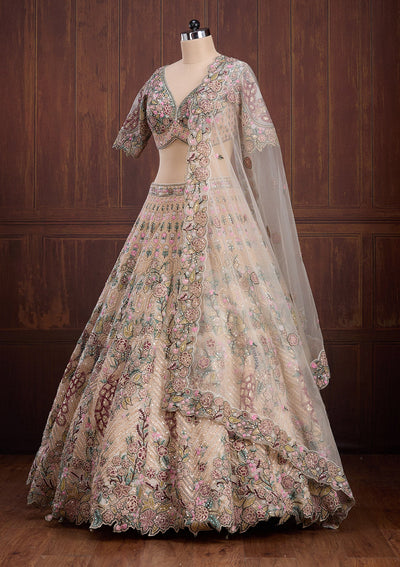 Beige Zariwork (Gold) Net Readymade Lehenga-Koskii