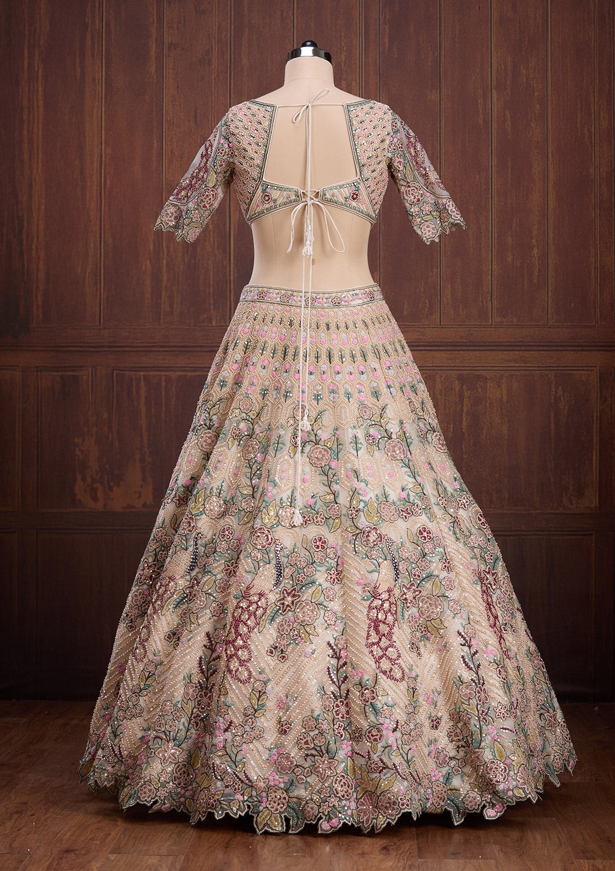 Beige Zariwork (Gold) Net Readymade Lehenga-Koskii