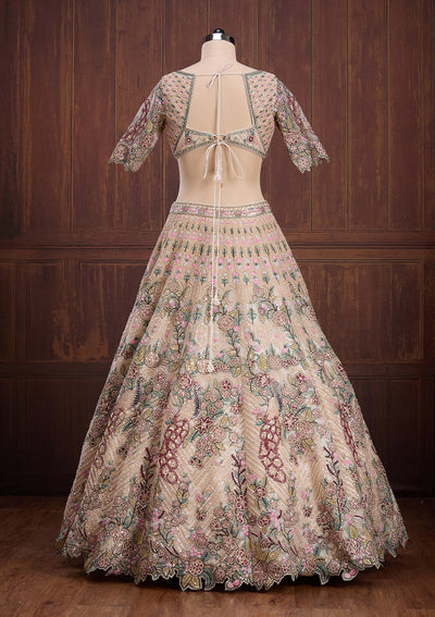 Beige Zariwork (Gold) Net Readymade Lehenga-Koskii